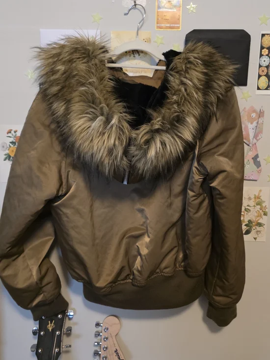 GAP Women’s Olive/Brown Bomber Jacket with Faux Fur Trim Hood (women's M) - Picture 2 of 4